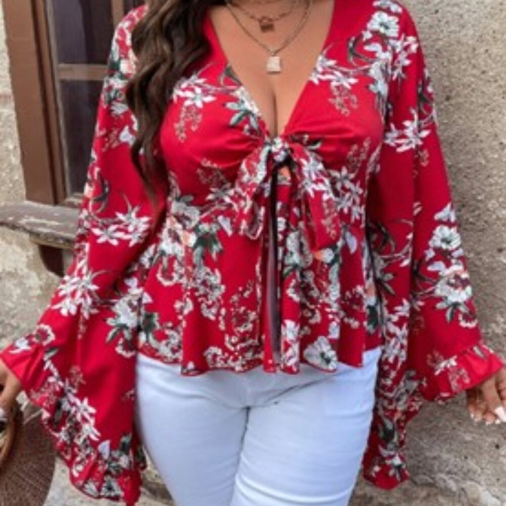Boho Bell Sleeve Tie Front Top Red
